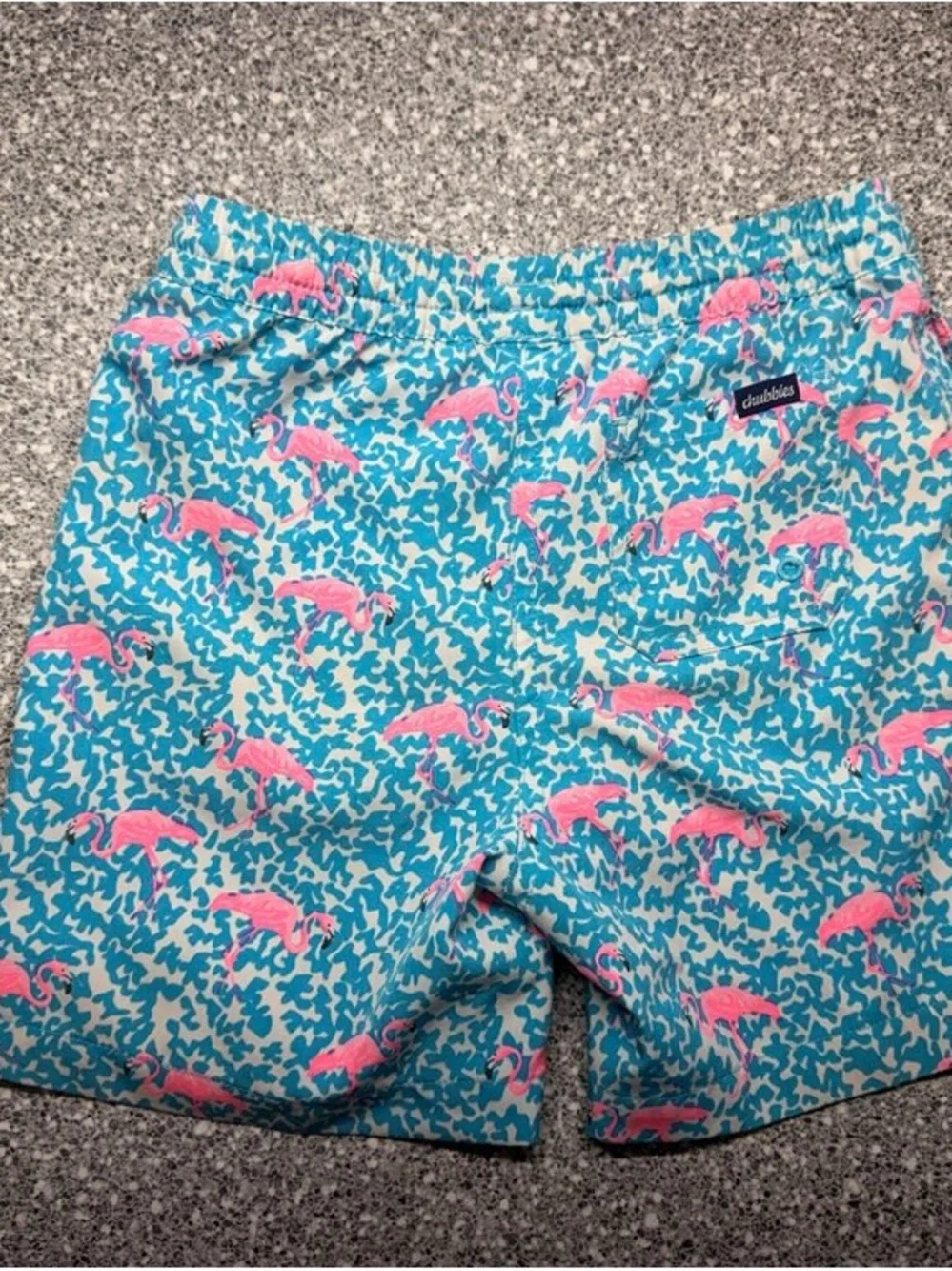 chubbies Blue Swim Trunks with Pink Flamingo Print